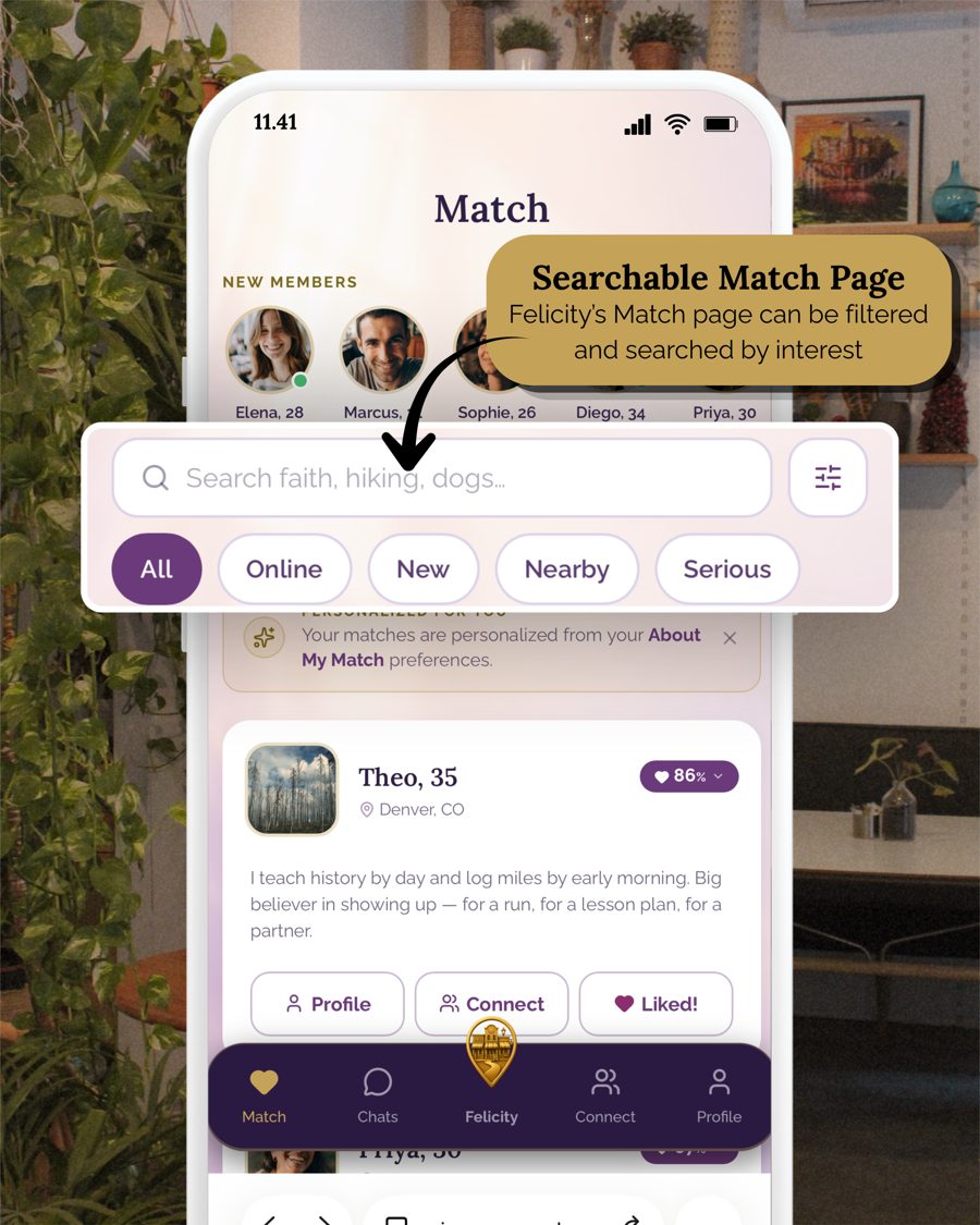 Felicity Match page with search and filters by interest