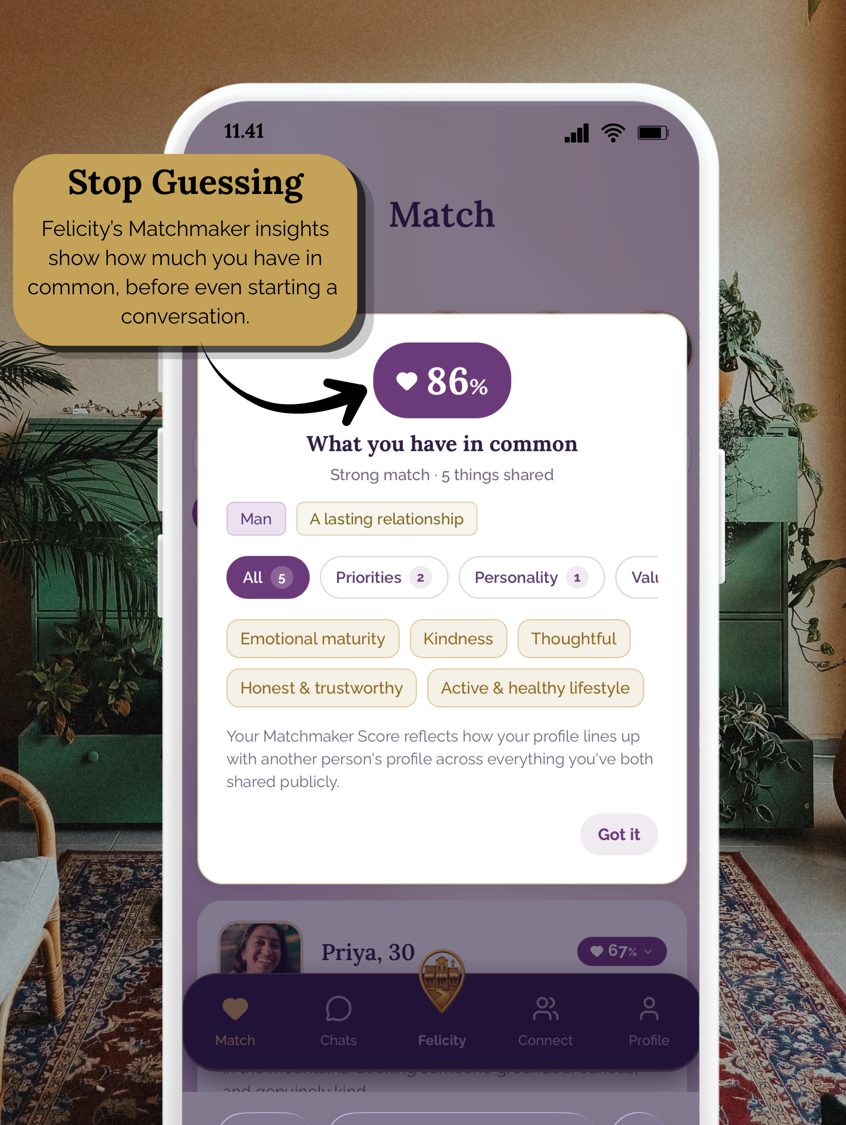 The Matchmaker Score showing what two members have in common