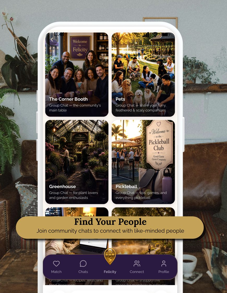 Felicity group pages: The Corner Booth, Pets, Greenhouse, and Pickleball